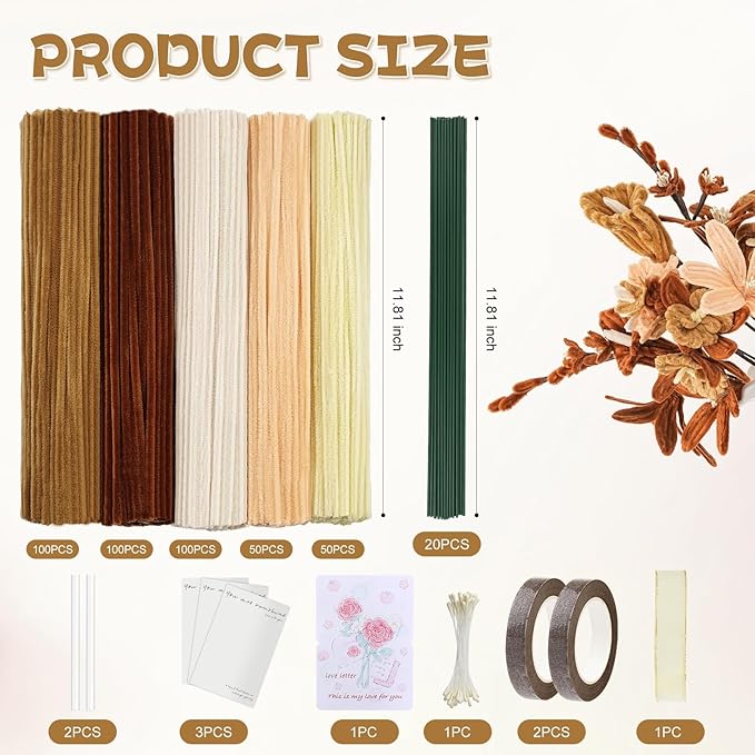 400 PCS Pipe Cleaners Bulk,5 Colors Pipe Cleaners Craft for Flowers with Floral Wires,Gardening Tape,Greeting Card,Bouquet Paper,Hot Glue Stick,Stamen & Ribbon,Ideals for DIY Holiday Deco