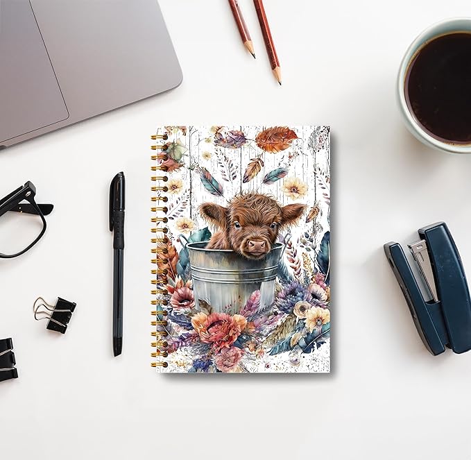 Highland Cow Notebook Journal - 5.5×8.3 Floral Spiral Journal Notebook, Highland Cow Gifts, Cow Gifts for Cow Lovers, Cow Gifts for Women, 164 Pages