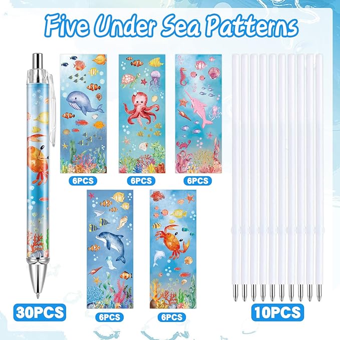 30 PCS Under Sea Ballpoint Pens Retractable Fish Shark Pens Under The Sea Party Favors with 1mm Black Ink Replaceable Ballpoint Pen Refill for Kids Birthday School Office Supplies(Under Sea,30)