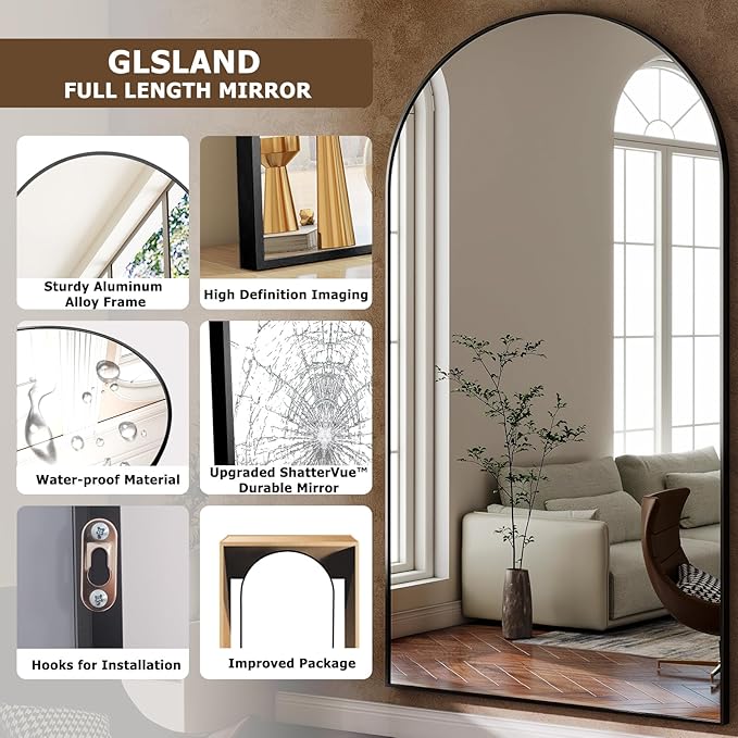 GLSLAND-38x77 inch Arched Full Length Mirror - Floor Mirrors Aluminum Alloy Frame Full Body Dressing Mirror for Bedroom Living Room,Black