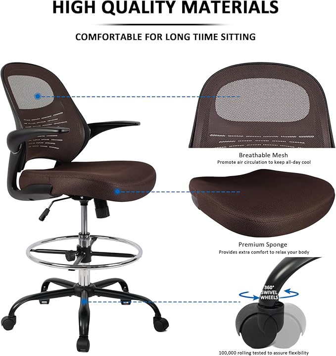 HYLONE Tall Drafting Chair Standing Desk Chair with Flip-Up Armrests, Adjustable Height Ergonomic Office Chair with Footrest Ring - High Stool Chair for Standing Desk (Brown)