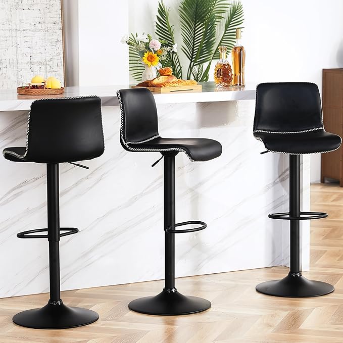 HeuGah Swivel Bar Stools Set of 2, Adjustable Counter Height Barstools with Back, Black Faux Leather Bar Chairs for Kitchen Island (Black, Set of 2 (24'' to 32''))