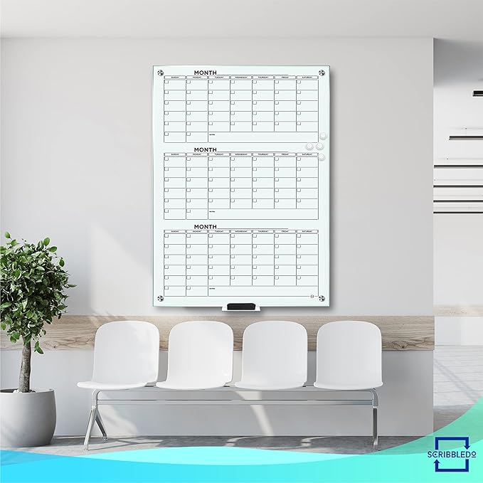 Glass Whiteboard Calendar 34x46” Quarterly Planner White Board Dry Erase Board 3 Month for Wall Glass Whiteboard Home Office Large Wall Calendar 2025 & Marker Tray
