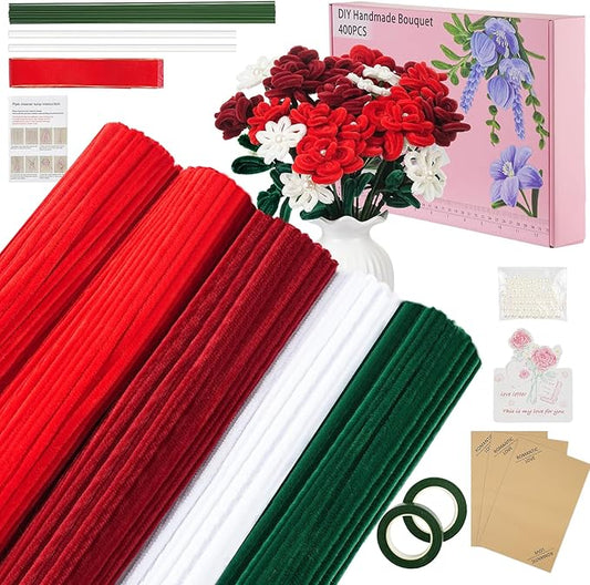 400 Pcs Red Pipe Cleaners for Crafts, 4 Colors Chenille Stems Bulk with Floral Wires, Gardening Tape,Hot Glue Stick，Greeting Card,Bouquet Paper, Pearl & Ribbon, Flowers Craft kit for Christmas