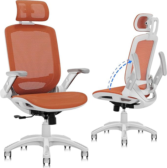 GABRYLLY Ergonomic Office Chair, High Back Home Desk Chair with Headrest, Flip-Up Arms, 90-120° Tilt Lock and Wide Cushion, 400LBS Mesh Chairs for Man Woman, White Task Chair(Orange,GY01WOR)