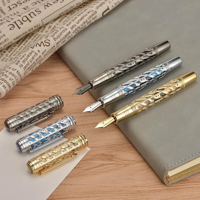 Hongdian A6 Piston Fountain Pen Extra Fine Soft Nib, Golden Hollow Skeleton & Transparent Resin Pen with Metal Case Set