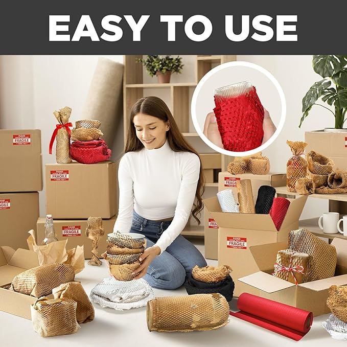 Honeycomb Packing Paper, 12"x200' Red | Perforated Honeycomb Packing Paper Recyclable Moving Supplies for Shipping & Moving | Plastic-Free Alternative to Bubble Cushion Wrap with 36 Fragile Stickers