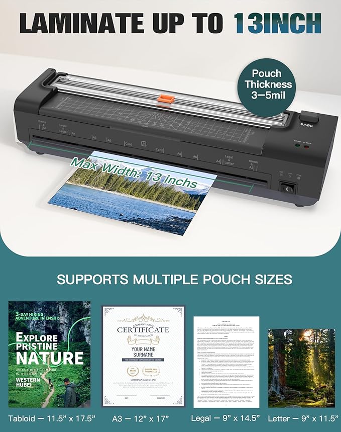 13 Inch Laminator Machine with Auto Paper Feed, Never Jam A3 Thermal & Cold Lamination, 20 Laminating Sheets, 10-in-1 Laminator with Cutter, Trimmer & Corner Rounder for Office School Home Use Black