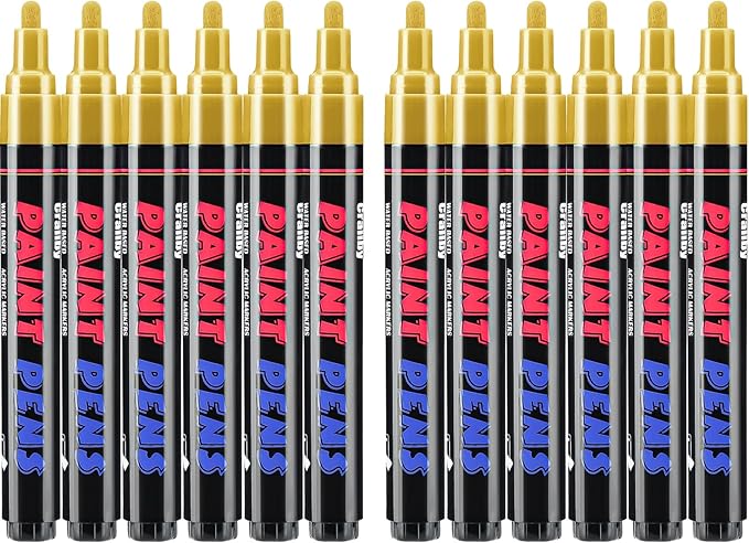 Gold Paint Pens Paint Markers - 12 Pack Permanent Quick Dry Waterproof Marker Pens for Rocks Wood Fabric Plastic Canvas Glass Mugs Metal Tire Stone