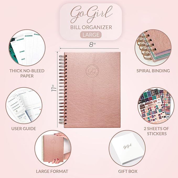GoGirl Budget Planner & Monthly Bill Organizer – Monthly Financial Book with Pockets. Expense Tracker Notebook Journal, Large (Rose Gold)