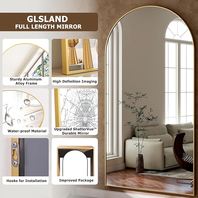 GLSLAND-38x77 inch Arched Full Length Mirror - Floor Mirrors Aluminum Alloy Frame Full Body Dressing Mirror for Bedroom Living Room,Gold