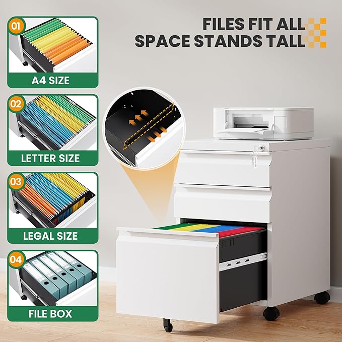 3 Drawer Mobile File Cabinet with Lock,Under Desk Storage Cabinet for Home Office,Vertical Filing Cabinet Fits A4 or Letter Size(Unassembled,White)