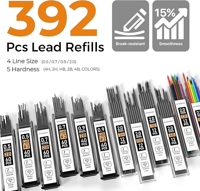 25PCS Art Mechanical Pencil Set, 3PCS Metal lead pencil 0.5, 0.7, 0.9, 2PCS 2mm Drawing Pencil (HB 2H 2B 4B Color) with 392PCS Graphite Leads, Eraser with Case for Drafting Drawing Writing