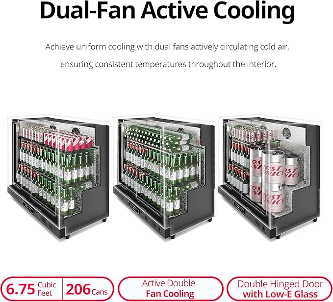 36 inch 206 cans Duo Hinged Door Back Bar Beverage Cooler, 6.75 cu. ft. Under Counter Glass Door Bar Fridge with hinged doors, lockable, 32-50°F Display Refrigerator, ETL Certified, Black