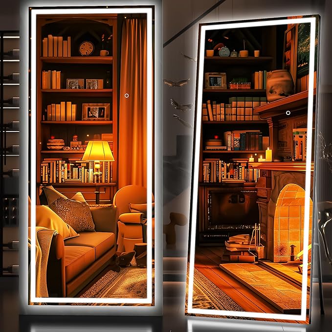 Hasipu Full Length Mirror with Lights, 75" x 28" LED Lighted Floor Standing, Full Body Dressing Hanging Mounted Mirror, Dimmable, Tempered Glass, Safe to Use, Square Black