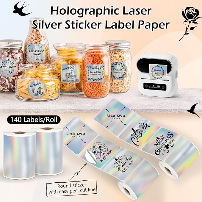 HuiJuKeJi 2 Rolls Holographic Silver Thermal Labels Paper for Phomemo M110 M200 M220 M221,50x50MM Round＆Square,Waterproof Self-Adhesive Mini Printer Laser Stickers for DIY Glitter Labels/Thanks Card