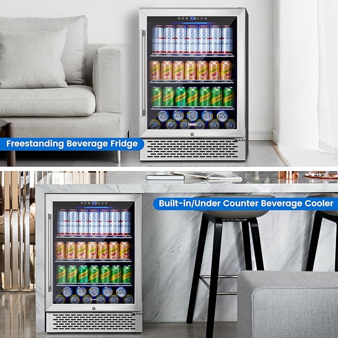 24 Inch Beverage Refrigerator Under Counter, 190 Cans Beverage Fridge Built-in/Freestanding with Double Tempered Glass, 37-64°F Low Noise Drink Fridge Perfect for Kitchen/Bar/Office(4.9 cu.ft)