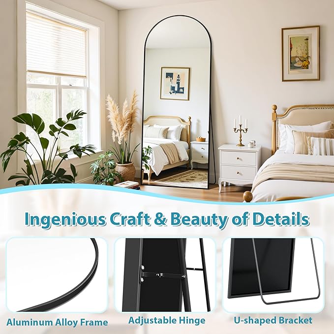 Full Length Mirror, 71"x26" Oversized Floor Mirror Freestanding, Full Body Mirror Floor Standing Mirrors with Stand, Hanging Mounted Mirrors for Bedroom Living Room, Black, Arched Style