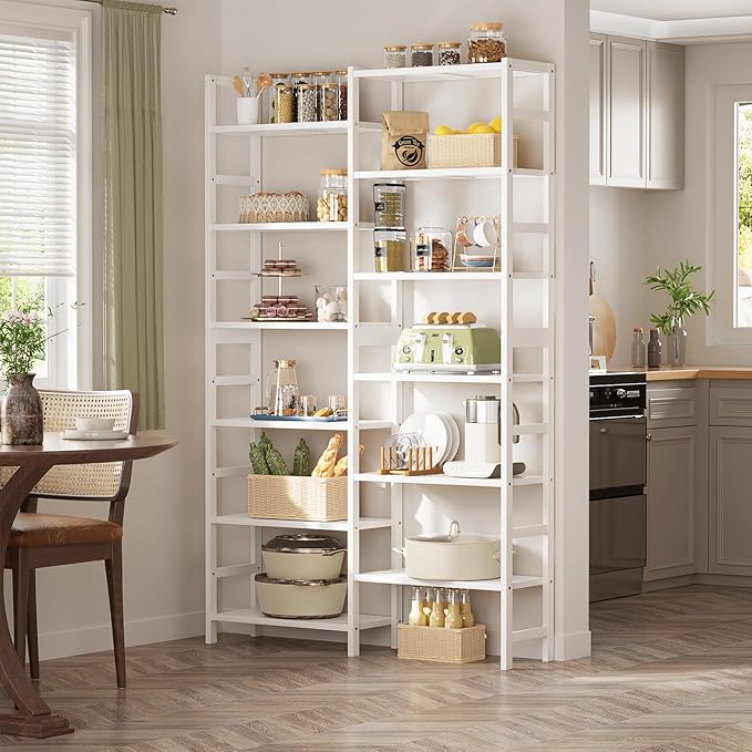 Homykic Double Wide Bamboo Bookshelf White, 6-Tier Large Open Bookcase with 12 Display Shelves, 6ft Tall Freestanding Book Shelf for Home Office, Bedroom, Living Room, Plants