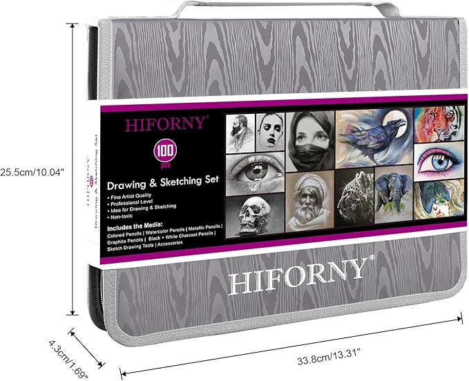 HIFORNY 100 PCS Drawing & Sketching Set, Professional Art Supplies with Graphite,Charcoal, Colored,Watercolor,Metallic Pencils,Blending Tools,Sketchbook and Coloring Book in Zipper Case (Grey)