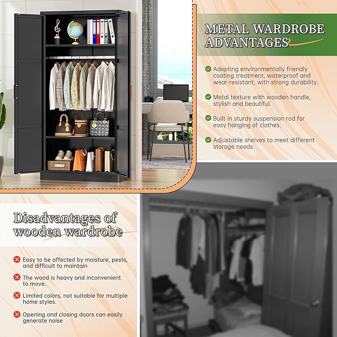 Greenvelly Metal Wardrobe Cabinet, 72" Black Armoire Metal Wardrobe Closet for Hanging Clothes with Wooden Handle, Modern Clothes Cabinet for Home, Office,Bedroom, School,Gym