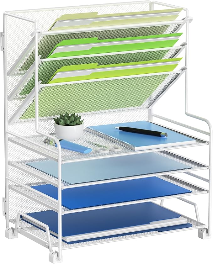 4-Tier Paper Organizer + 3-Pocket File Holder + Drawer + Pen Holders, Desktop File Organizers Paper Tray for Office Supplies School Classroom Organization (White, no Drawer & Pen Holder)