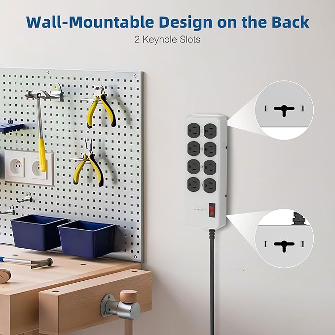 Heavy Duty Power Strip,Industrial Heavy Metal Case Surge Protector,8 AC Outlets,15Amp,2700 Joules,Protected' Indicator,14 Gauge Cord (Grey, 10FT Length)