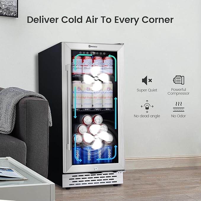 15 Inch Beverage Refrigerator Under Counter, 130 Cans Beverage Fridge with Tempered Glass Door & Lock, 37-65°F Beverage Cooler For Home/Bar, Built-in/Freestanding Mini Drink Cooler(3.53 cu.ft)