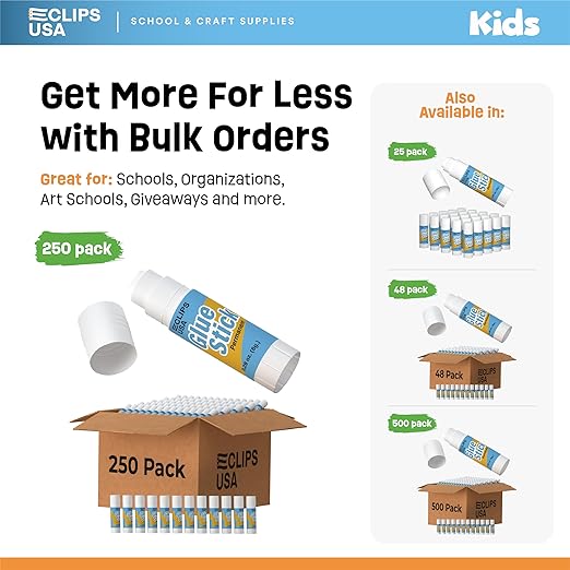 Glue Sticks Bulk (250 Pack), Washable Glue Sticks for Kids, Craft Glue for School Supplies, .28 oz, 8 Grams (250 Pack)