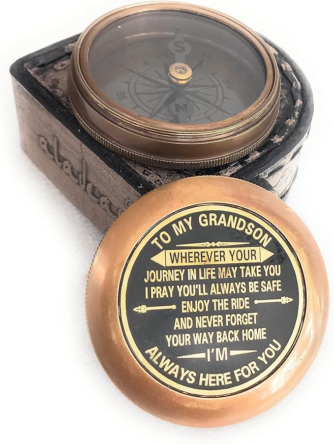 Gift for Grandson Brass Compass Engraved Quote | Memory Present to My Grandson Birthday, Baptism, Graduation, Confirmation, Love, Gift idea by Grandpa Grandma
