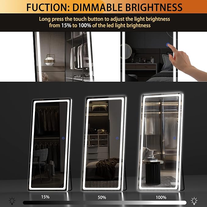 Hasipu Full Length Mirror with Lights, 65" x 22" LED Floor Mirror, Full Body Dressing Standing, Hanging Mounted Mirror for Living Room Bedroom Cloakroom, Round Black