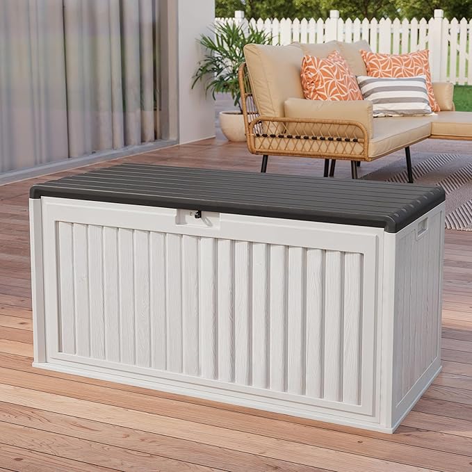Gizoon 100 Gallon Deck Box, Resin Outdoor Storage Box with Lockable Lid, Waterproof and UV Resistant, Perfect for Storing Patio Mats, Garden Tools, Home and Outdoor Organization