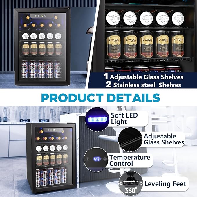 2.6 Cu.ft Beverage Refrigerator Cooler, 95 Can Mini Fridge Glass Door with Adjustable Shelves, Digital Temperature Display, Freestanding Small Drink Fridge for Home, Office or Bar(Black)