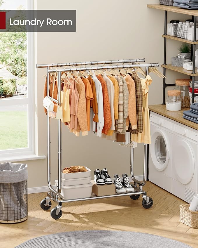 Heavy-Duty Clothes Rack - Double-Rod Stainless Steel Garment Rack with 4-inch Lockable Wheels, Clothing Racks for Hanging Clothes in Bedroom, Laundry Room, 43.3"×16.5"×61.0", Silver