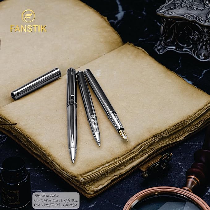 Silver Luxury fountain pen (Made In USA) fancy gift set for women, Chrome Finish, Professional executive pen gift set for men (Lux fountain Silver)