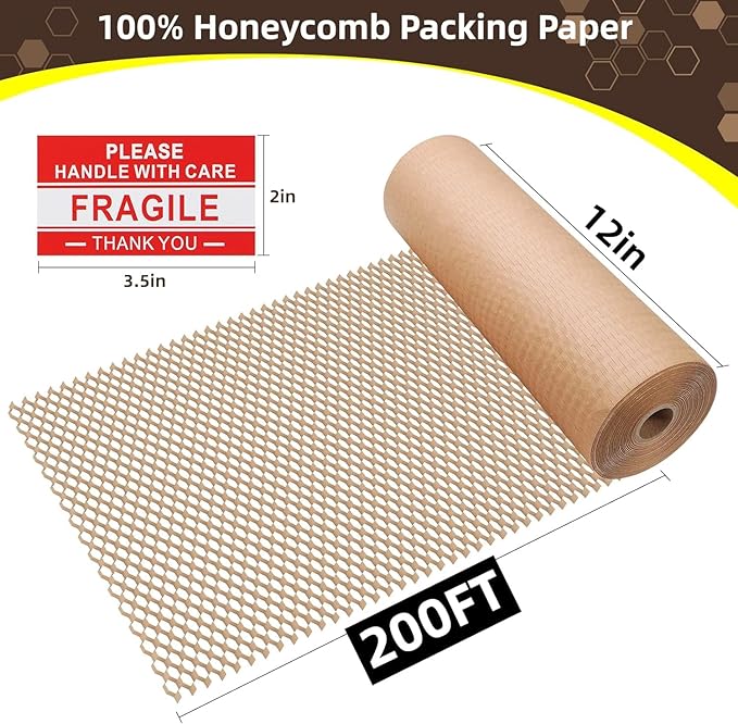 Honeycomb Packing Paper Wrap 12"x200' Sustainable Alternative to Bubble Wrap for Moving Shipping/Gift, Biodegradable & Fully Recyclable Bubble Paper Wrapping with 20 Fragile Sticker…