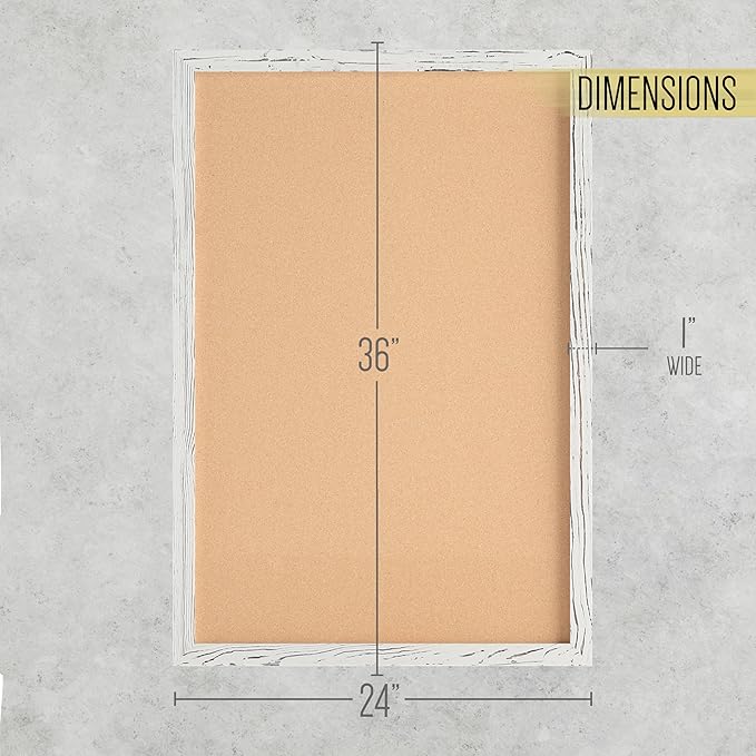 HBCY Creations Wall Mount Whitewashed Cork Board - 24" W x 36" H - 6 Wooden Push Pins - Solid Pine Wood Frame - for Kitchen, Classrooms, Restaurant Menus and More!