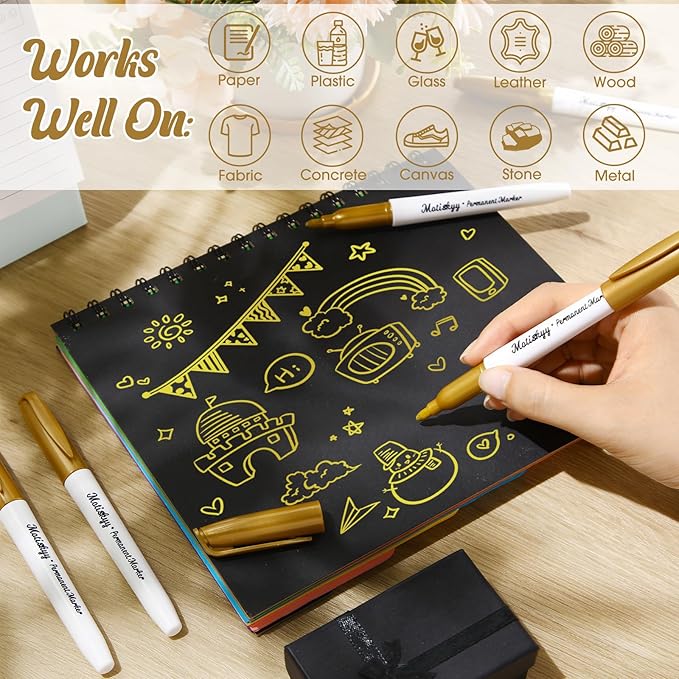 12 Pcs Metallic Permanent Markers Bulk Gold Silver Pens Fine Point Metallic Paint Markers for DIY Crafts, Gift Card Making, Artist Illustration (Gold)