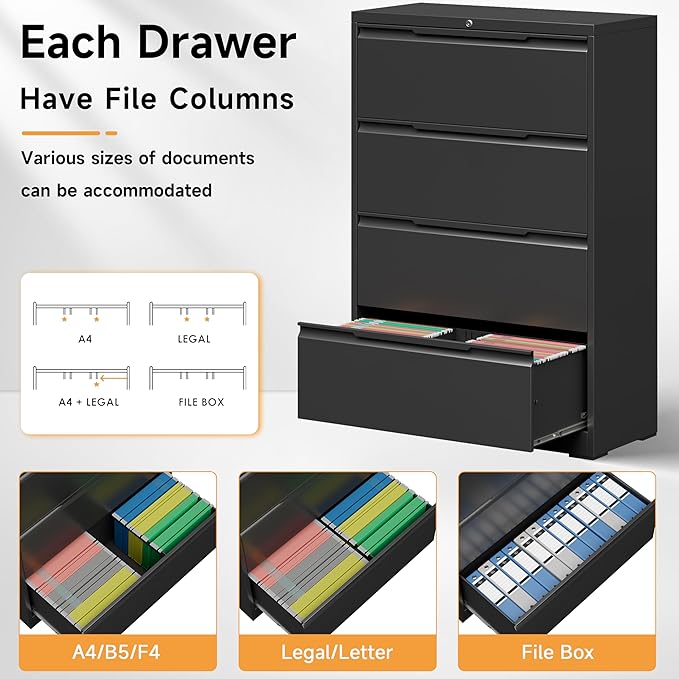 4 Drawer Lateral File Cabinet, Metal Lateral Filing Cabinet with Lock for Hanging Files Letter/Legal/F4/A4 Size, Easy Assemble Black