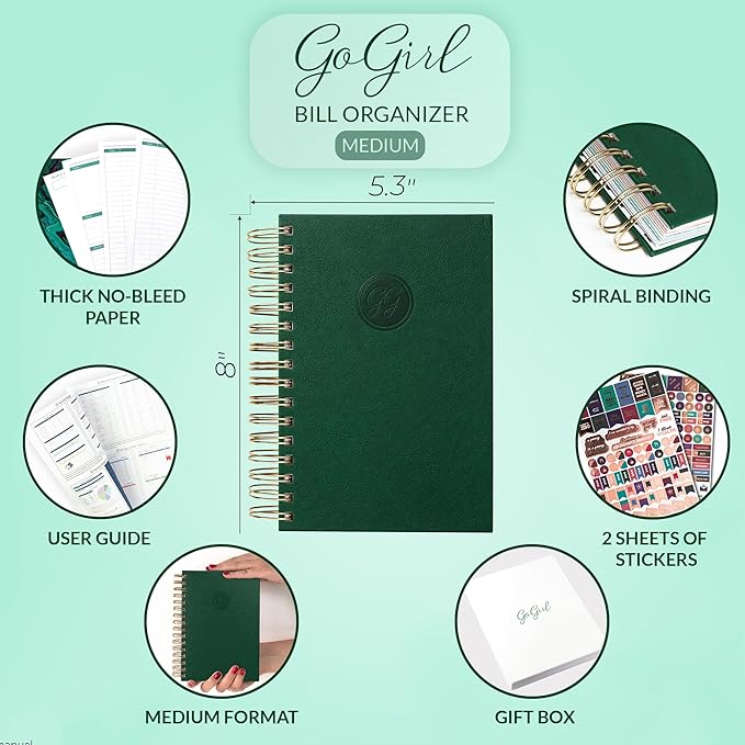 GoGirl Budget Planner & Monthly Bill Organizer – Monthly Financial Book with Pockets. Expense Tracker Notebook Journal, Compact (Dark Green)