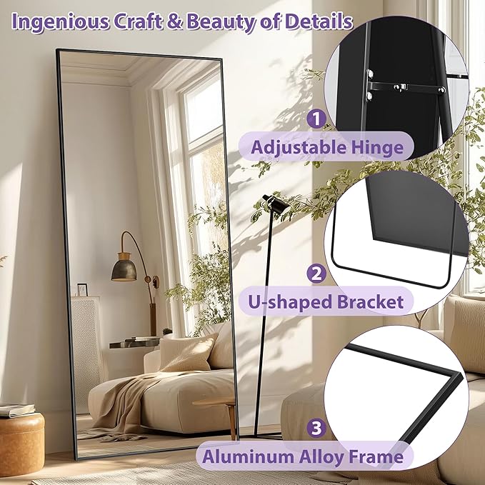 Full Length Mirror, 58"x18" Oversized Floor Mirror Freestanding, Full Body Mirror Floor Standing Mirrors with Stand, Hanging Mounted Mirrors for Bedroom Living Room, Black, Rect Style