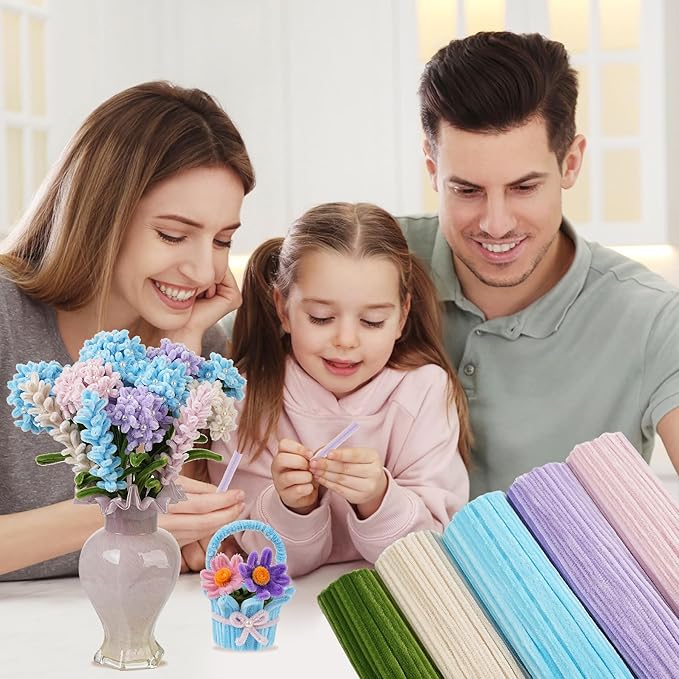 400 Pcs Craft Pipe Cleaners Flowers,5 Assorted Colors Chenille Stems Bulk with Floral Wires, Gardening Tape,Greeting Card,Bouquet Paper,Hot Glue Stick,Pearl & Ribbon,Ideals for Various Types Decor