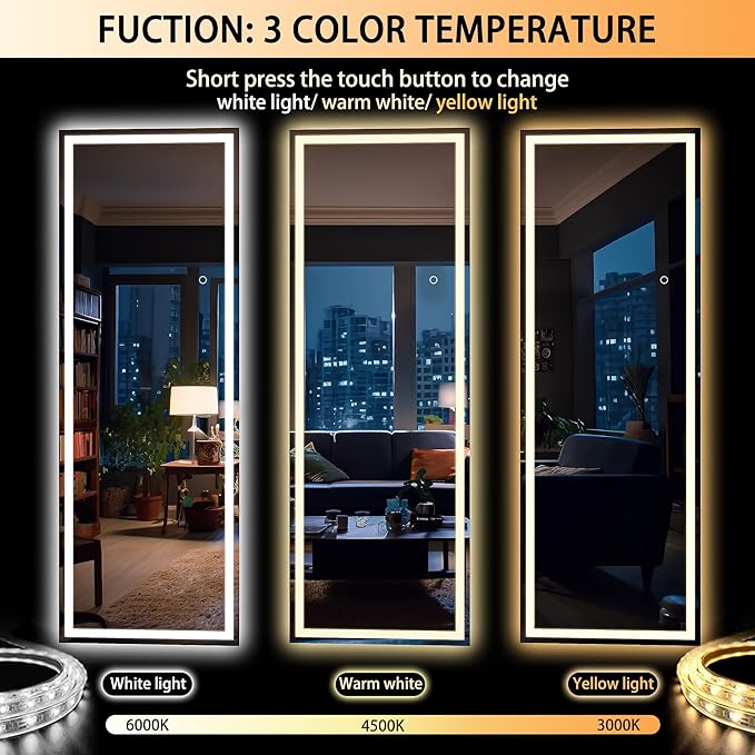 Hasipu Full Length Mirror with Lights, 67" x 24" LED Lighted Floor Standing, Full Body Dressing Hanging Mounted Mirror, Dimmable, Tempered Glass, Safe to Use, Square White