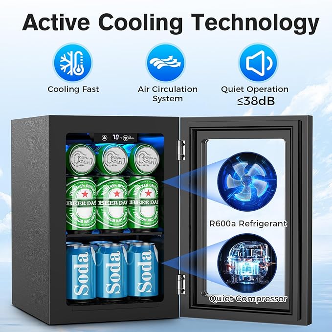 24 Cans Beverage Refrigerator Cooler, Mini Fridge Countertop Drink Cooler for Soda, Canned Beer, Adjustable Digital Temperature Control for Home Dorm Office, Black
