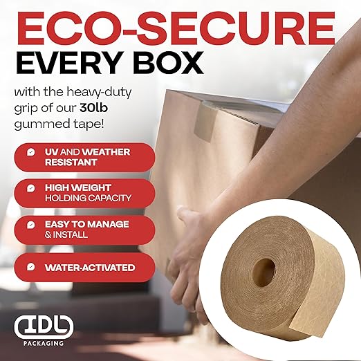 IDL Packaging 2.83" x 450 feet Reinforced Water-Activated Kraft Gummed Tape 30lb Thickness (Pack of 6) - Secure Paper Packing Tape for Secure Carton Sealing - Heavy-Duty for All Conditions, Brown