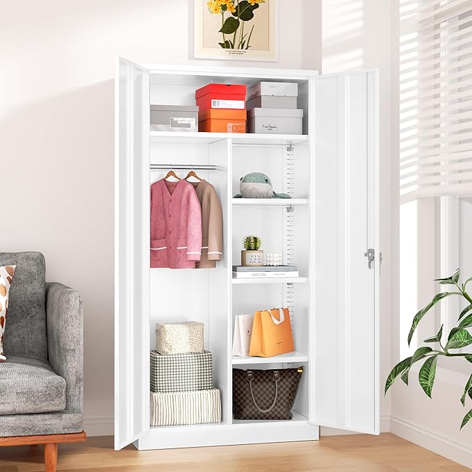 Greenvelly Metal Storage Wardrobe Cabinet with Lock, 72" White Metal Wardrobe Closet for Hanging Clothes with Doors and Shelves, Modern Clothes Closet for Home, Office and Bedroom, School,Gym