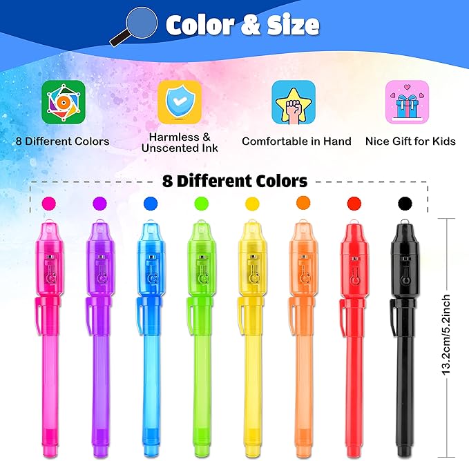 GIFTINBOX Invisible Ink Pen, 16PCS Spy Pen with UV Light for Kids, Birthday Party Favors for Kids 4-8 8-12, Classroom Prize for Students Magic Marker for Secret Message