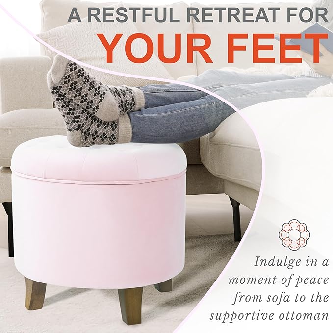 HomePop by Kinfine Fabric Upholstered Round Storage Ottoman - Velvet Button Tufted Ottoman with Removable Lid, Pink, Small