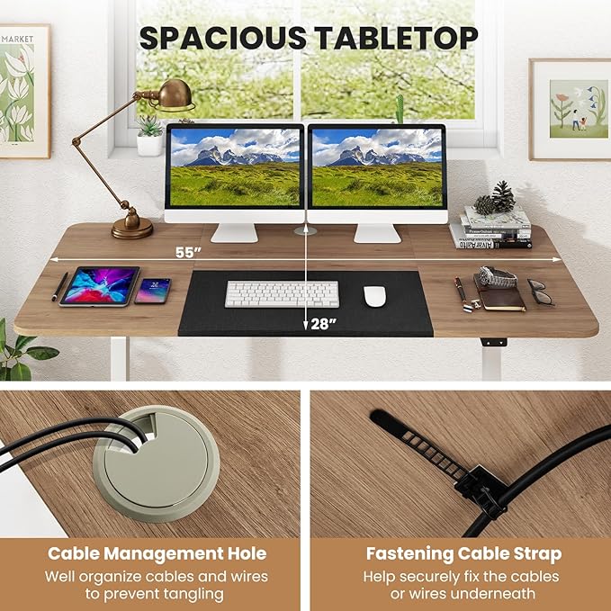 GOFLAME Height Adjustable Electric Standing Desk, 55 x 28 Inch Sit Stand Up Electric Desk with Headphone Hook, Ergonomic Standing Workstation, Electric Standing Desk with Metal Frame, Natural