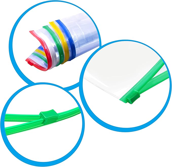 26 Clear Zip Envelope File Bill Document Bag Pocket Pencil Case with Tag Pocket, 5 Assorted Colors, 9.1” x 4.7”fit A6 Sheets